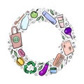 Round frame with hand drawn Zero Waste objects. The object is separate from the background. Royalty Free Stock Photo